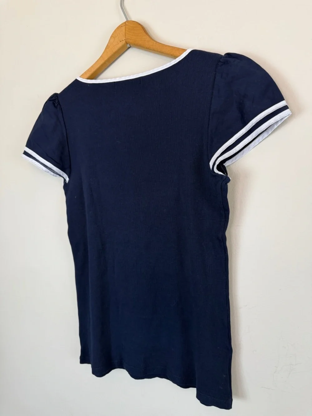 Lauren Ralph Lauren Medium M Ribbed Top Flutter Sleeve Navy Blue Baby Tee Shirt